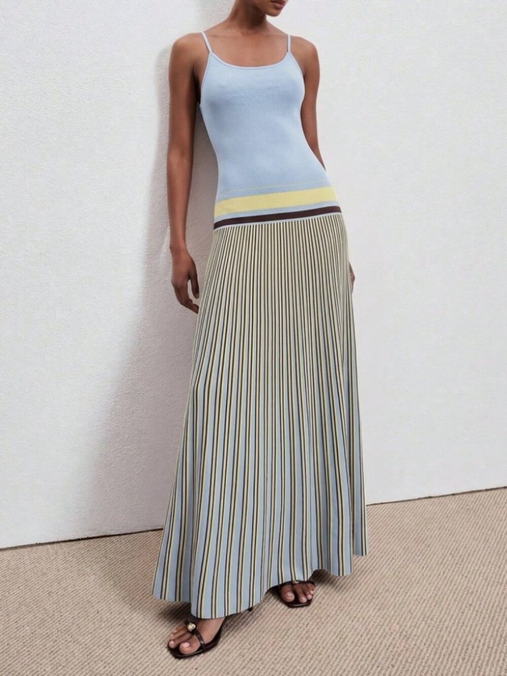 Blue Yellow Colorblock Striped Knit Maxi Dress